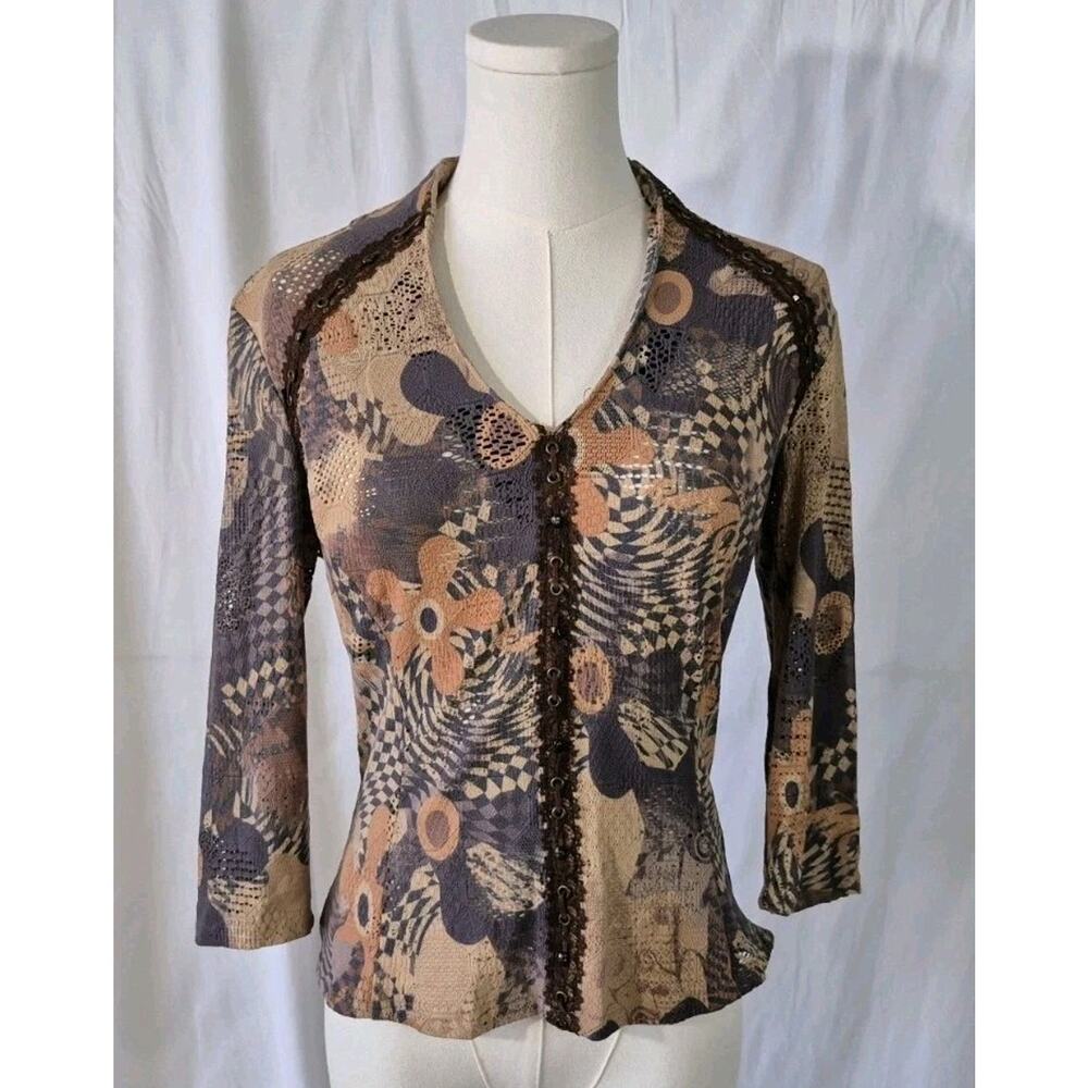 Vintage Y2K Alberto Mikali Floral Graphic Brown Orange Top Medium